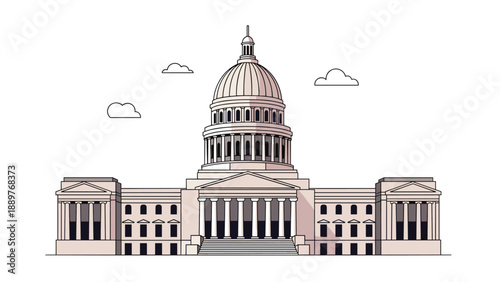 A clean line art illustration of the United States Capitol Building in Washington D.C., a famous American landmark and government icon.