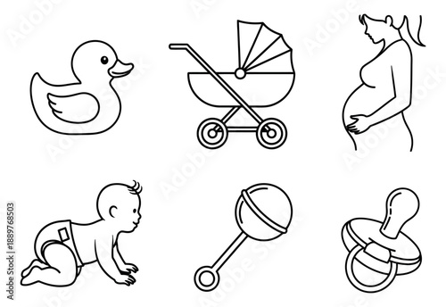 Line art baby and maternity set featuring a pregnant woman, crawling baby, baby carriage, rubber duck, rattle, and pacifier for newborn concepts