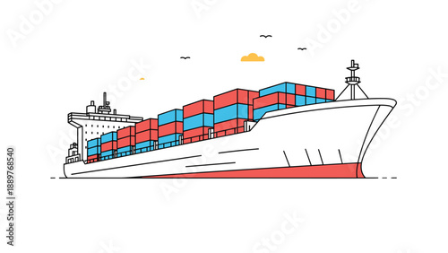 A minimalist line art illustration of a large cargo ship or container vessel sailing on the ocean, representing global logistics and trade.