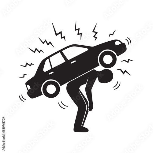 Man Lifting Heavy Car Stick Figure Icon Struggle Strength Concept Illustration
