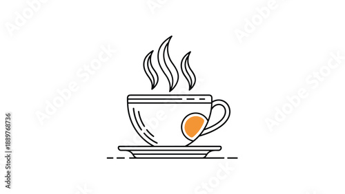 Modern and simple line art icon of a steaming hot coffee or tea cup on a saucer, featuring a bold orange color accent for a stylish look.