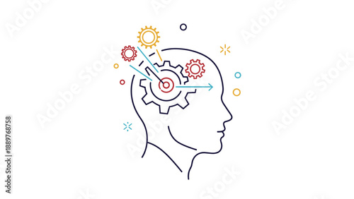 Conceptual line art illustration of a human head in profile with colorful gears turning inside, symbolizing thought processes and brainstorming.