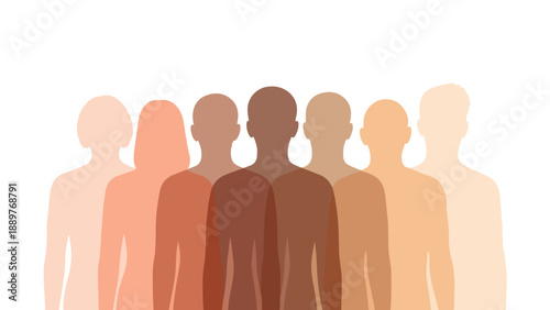 Illustration of diverse group of people silhouettes in various skin tones standing together on a white background, promoting unity and awareness for International Elimination of Racial Discrimination