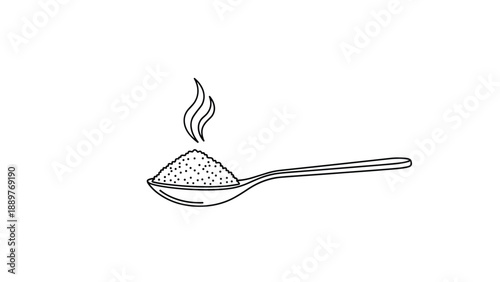 Minimalist black and white line art of a spoon holding a pile of steaming powder, representing sugar, salt, or another cooking ingredient.