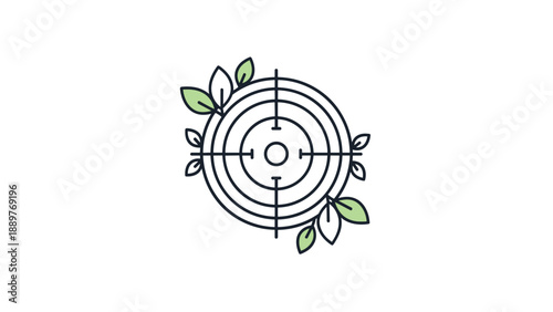 Line art icon of a circular target with green leaves and branches growing on it, symbolizing sustainable and eco-friendly business goals.