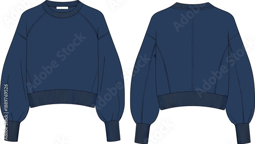 Navy Blue Women's Cropped Raglan Sweatshirt Technical Flat Sketch Vector Illustration with Balloon Sleeves Ribbed Cuffs and Paneled Back Detail for Apparel Design Tech Packs