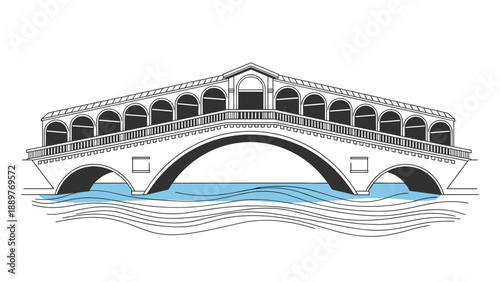 Line art illustration of the iconic Rialto Bridge in Venice, Italy, spanning over the Grand Canal with simplified blue water below.