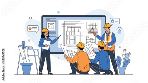A team of architects and engineers wearing hard hats collaborating on a construction project, reviewing blueprints and plans in an office.