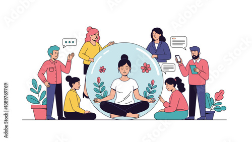 A woman meditating peacefully in a protective bubble, ignoring the distractions of people trying to talk to her from the outside.