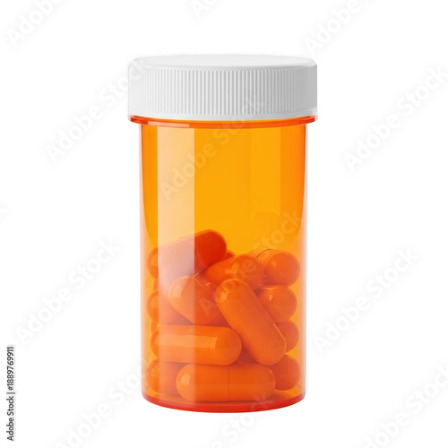 Orange prescription bottle with pills, isolated on transparent background
