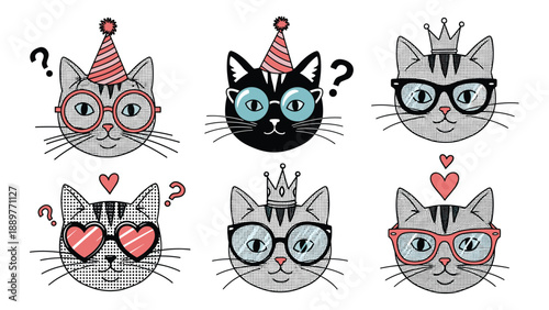 Collection of six stylized cat heads wearing party hats, royal crowns, and various fashionable glasses with hearts and questions.