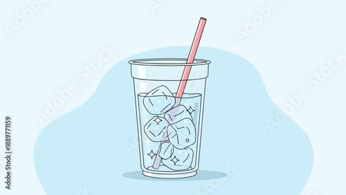 Simple illustration of a clear glass filled with water and ice cubes and a pink straw set against a soft blue circular background.