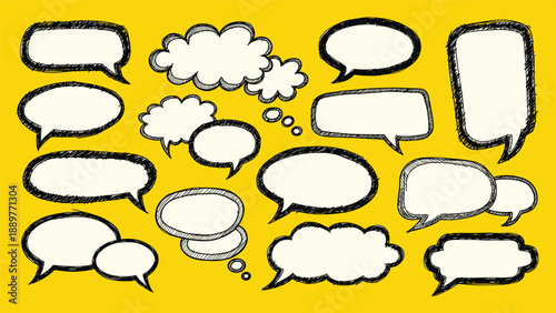 Set of various hand-drawn sketchy speech and thought bubbles with textured black borders arranged on a bright yellow background.