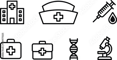 Medical including hospital building syringe nurse and microscope