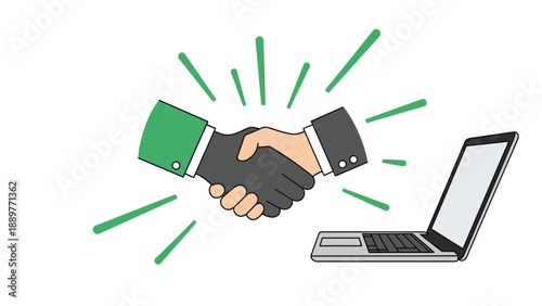 Handshake between two hands over a laptop computer with green energy lines representing a successful digital agreement.