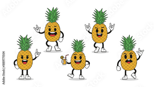 Group of five humorous pineapple characters in different happy poses including rock hand signs and holding a tropical drink.