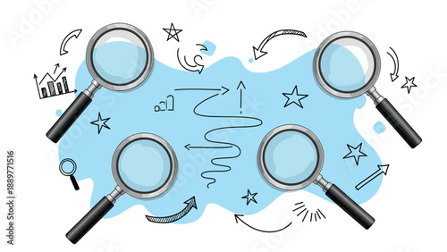 Conceptual business illustration of research and data analysis featuring magnifying glasses over a blue splash with graphs.
