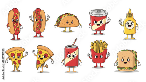 Set of cute cartoon fast food characters with happy faces including hot dogs and pizza and soda for fun restaurant designs.