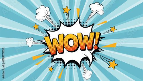 Vibrant comic book style WOW text inside a white blast bubble with a blue sunburst background and small stars and clouds.