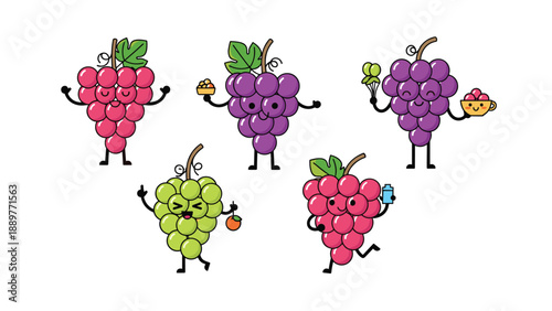 Cute set of cartoon grape characters in red and green and purple performing different fun actions with happy smiling faces.