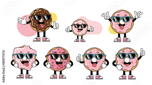 Collection of humorous donut characters with sunglasses and pink frosting in various poses with happy and funny expressions.