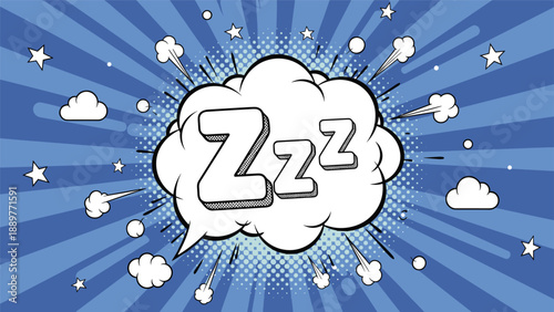 Comic book style Zzz sleep text inside a soft white cloud bubble with a blue radial burst background and small cartoon stars.