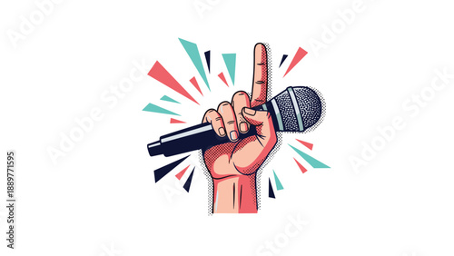 Dynamic pop art illustration of a hand holding a microphone with colorful geometric shapes exploding in the background area.