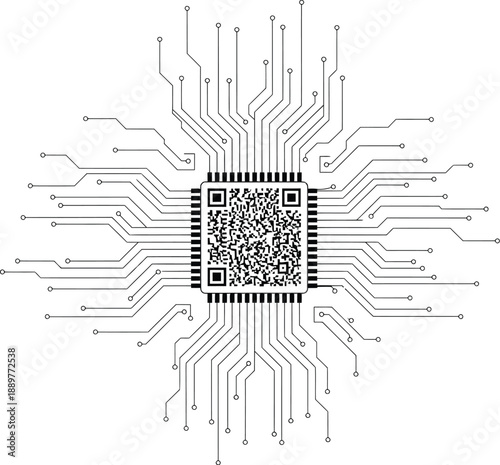 Central processor with integrated QR code on a schematic circuit board, representing digital access and modern technology.