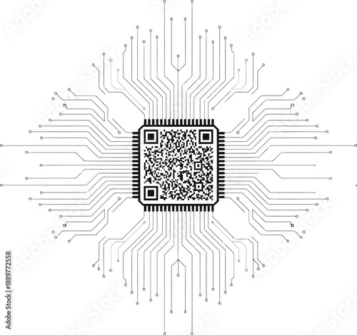 QR code integrated into a central processor on a circuit board design, symbolizing digital identity and connectivity.