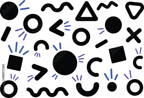 Black abstract shapes and geometric elements with colorful energetic lines, creating a playful and dynamic pattern.