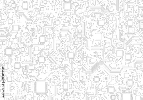 Intricate monochrome pattern of a printed circuit board, showcasing the complexity of modern electronics and technology.