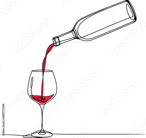 Red wine being poured into a wine glass from a bottle, minimalist line art illustration