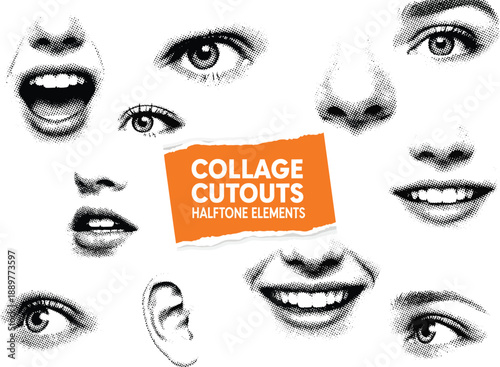 Collage of Vintage Halftone Cutout Faces: Eyes, Noses, and Mouths in Black and White for Graphic Design