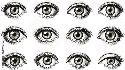 Collection of Realistic Engraved Eyes in Black and White, Detailed with Eyelashes and Iris