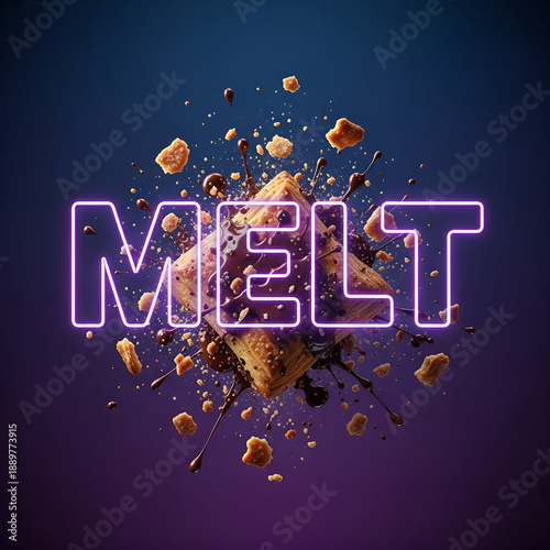 Melt - 3D Dessert Illustration of Chocolate Splashing on Flaky Pastry over Blue Backdrop