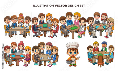 Colorful Cartoon Children Engaged in Learning Activities at Tables