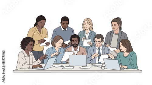 Diverse group of people gathered around a table for a meeting on International Day of Elimination of Racial Discrimination, promoting anti-racism and awareness with laptops and papers.
