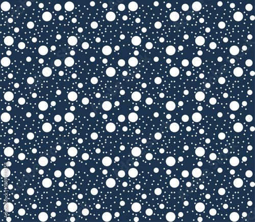 Abstract White Polka Dots Pattern on Dark Blue Background, Seamless Winter Snowfall Texture
