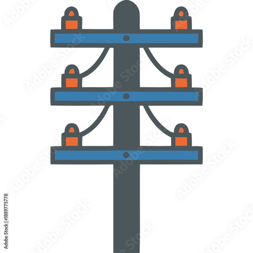 Electricity pylon with insulators and wires viewed from the front in a straightforward illustration