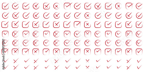 Check tick mark icon set. Cross box x check mark checkbox v list vector draw hand drawn brush marker checklist symbol wrong right Square Boxes. Vector Illustration