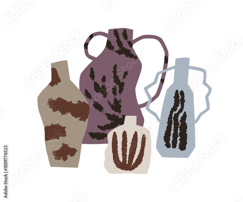 Ceramic vases, earthenware in trendy style. Hand-made pottery, crockery. Hand...