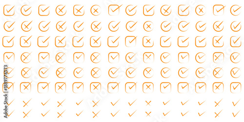 Check tick mark icon set. Cross box x check mark checkbox v list vector draw hand drawn brush marker checklist symbol wrong right Square Boxes. Vector Illustration