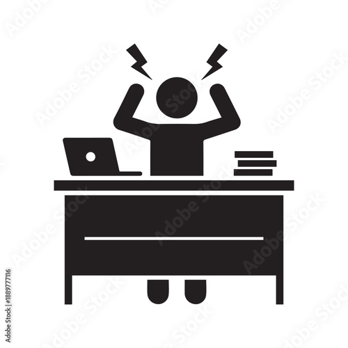 Stressed Office Worker at Desk with Laptop Frustrated Employee Burnout Icon Illustration
