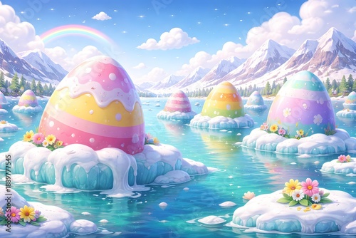 Colorful Easter eggs floating in the spring sky and resting on green grass with blooming flowers