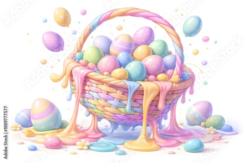 Colorful Easter basket filled with decorated eggs and a cute bunny surrounded by spring flowers and green grass illustration