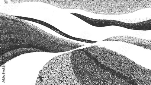 Abstract monochrome stippled landscape with rolling hills and shadows texture pattern