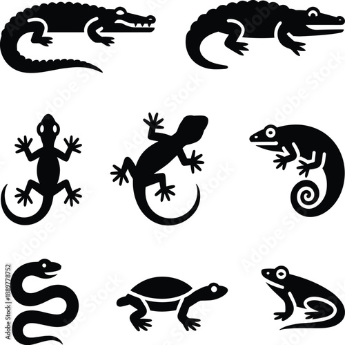 Black Silhouettes of Reptiles and Amphibians crocodile