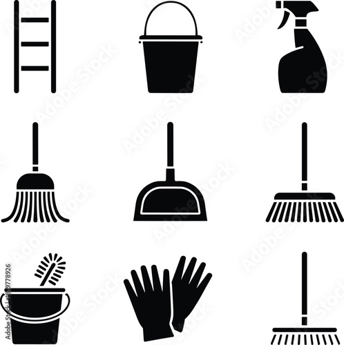 Black and White Cleaning Tools Set bucket spray bottle