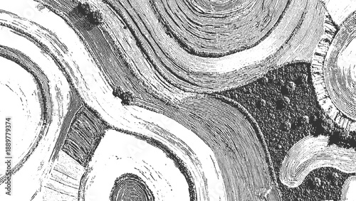 Abstract monochrome textured pattern of concentric rings and organic shapes