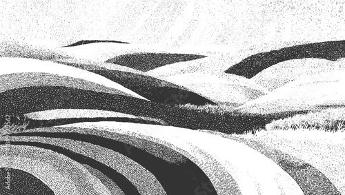 Black and white textured rolling hills landscape with stippling and hatching monochrome